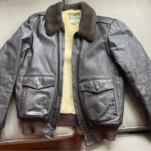 Vintage LL Bean Bomber Jacket Mens 42 Long Shearling Goatskin Brown Leather.